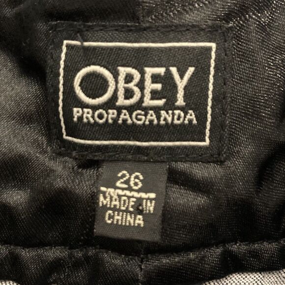 OBEY Propaganda Light Grey Denim Studded Mini Skirt Size 26 Logo Pockets - Picture 3 of 9